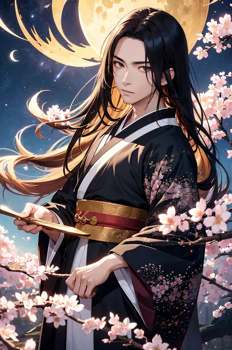 (masterpiece), best quality, ultra-high resolution, ((one man)), male, elegant, (japanese God), Tsukuyomi, expressive eyes, perfect face, half body, looking at viewer, dutch angle, cowboy shot, (very long black flowy hair), (golden eye color), handsome, ni...