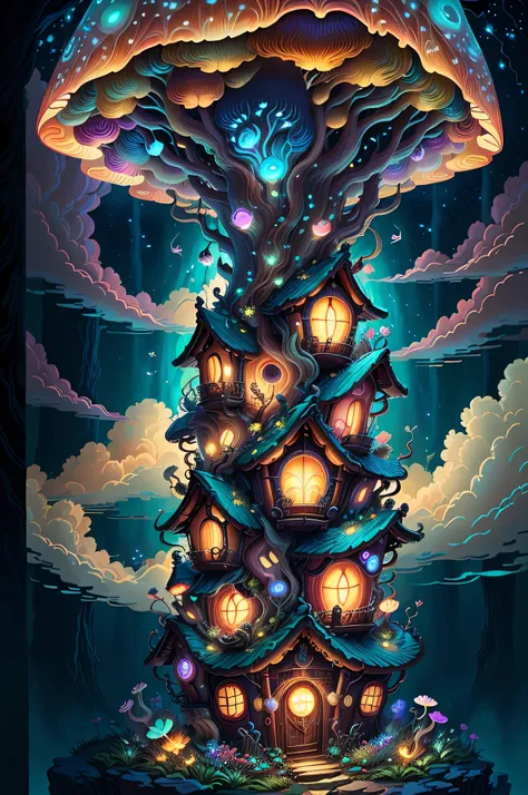 (Swirling clouds and colorful flowers), (forest fireflies fantasy korean mushroom house), (midnight), (Irregular), (mysterious), (ridiculous), dreamy, disney, t shirt design, vector,