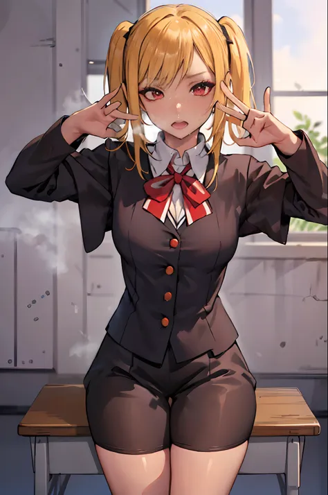 (masterpiece:1.2, best quality), 1lady, solo, school uniform, classroom, day, sit, blonde, twintails, red eyes, open collabone, ...