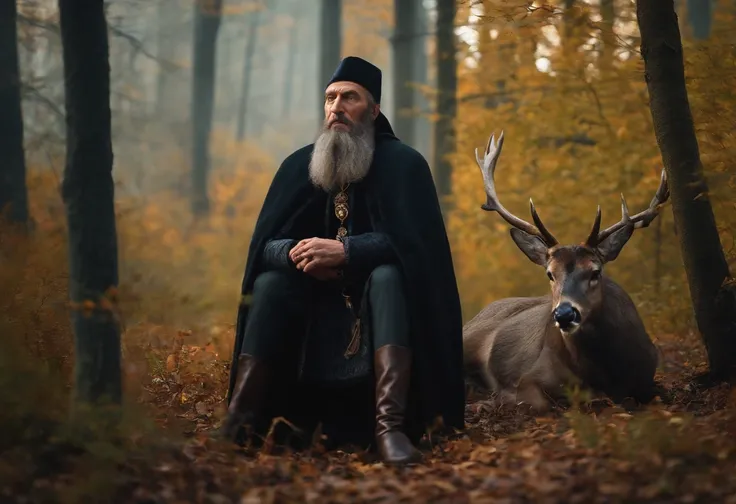 IVAN THE TERRIBLE WITH 8 YEARS WITHOUT A BEARD, IN A FOREST WITH A DEER WITH A LOOK OF PITY FOR IVAN THE TERRIBLE