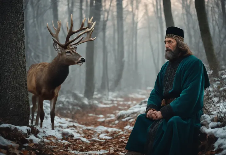 IVAN THE TERRIBLE WITH 8 YEARS WITHOUT A BEARD, IN A FOREST WITH A DEER WITH A LOOK OF PITY FOR IVAN THE TERRIBLE