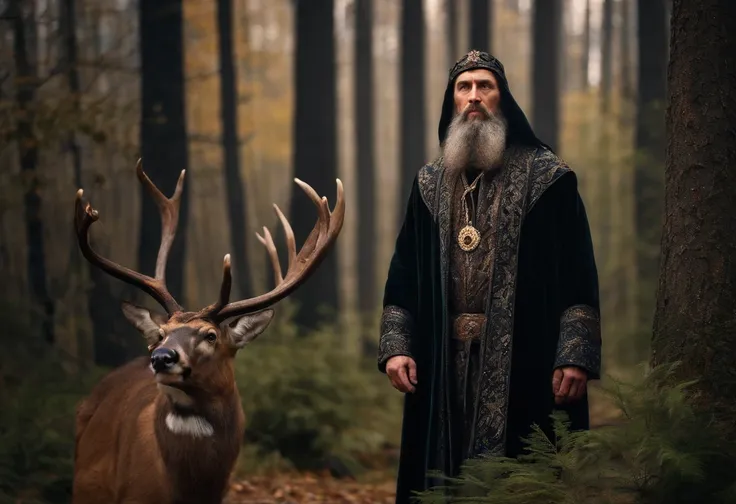 IVAN THE TERRIBLE WITH 8 YEARS WITHOUT A BEARD, IN A FOREST WITH A DEER WITH A LOOK OF PITY FOR IVAN THE TERRIBLE