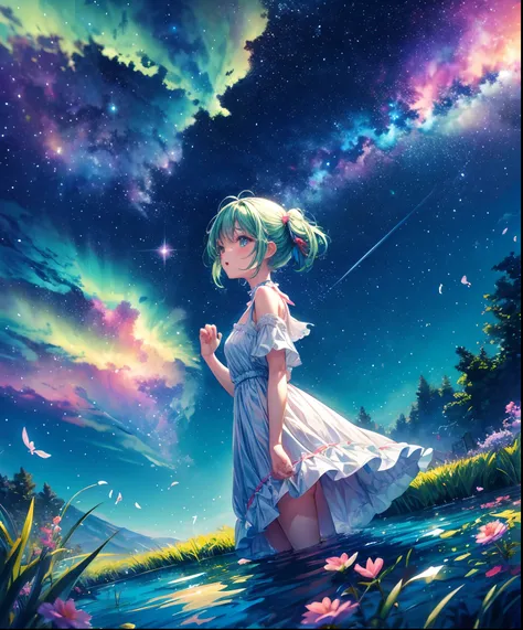 Cute girl characters、Describes a scene with grassy butterflies lying on the water flying around, Looking up at the starry sky. Surround her with colorful nebulae and her favorite constellations.