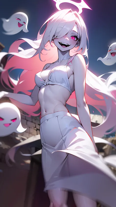 masterpiece, best quality, yameroyandere, crazy smile, crazy eyes, yandere,Original Character,8k, Masterpiece, Best Quality,Detailed,cinematic composition,16 years old,1vampire girl,solo,pink eyes,white hair, long hair,((hair over one eye)),(((white skin l...