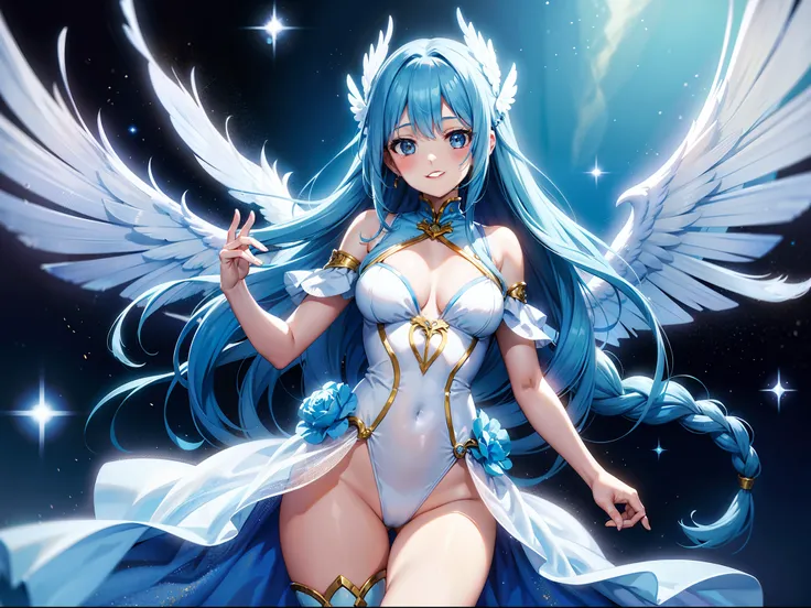 Beautiful girl with blue hair，A charming smile、angelicales，Wearing a plain white leotard，Crystal brilliant on background，french braids，long blue hair，Stand in a Golden Wonderland，Behind him are big big wings。