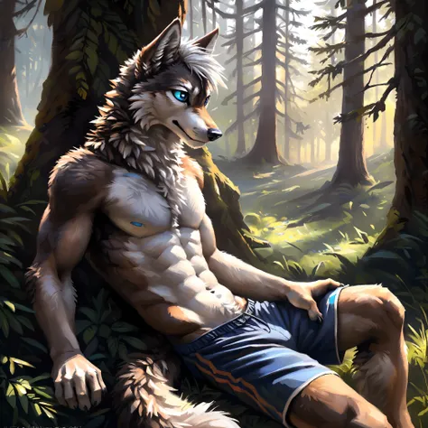 ((Solo)), male people, anthro wolf, (Multi-colored fur, White-brown:1.3，White tail pointed), ((Wolf face, White hair, Big eyes, White eyelids, Blue pupil, Slim:1.2) (Tough, Calm expression:1.2)), Abs, Slim, pinging)), (Correct anatomy), (Work shorts:1.1), ...