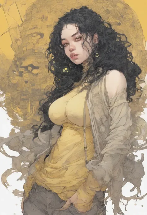 Katsuya Terada style, +Billie Eilish+ in a sexy ripped transparent sweater, big exposed breast, no bra, tights, stockings,  panyhoes, curly black hair, yellow iris, black eyeball, erotic gaze, +ripped transparent sweater+