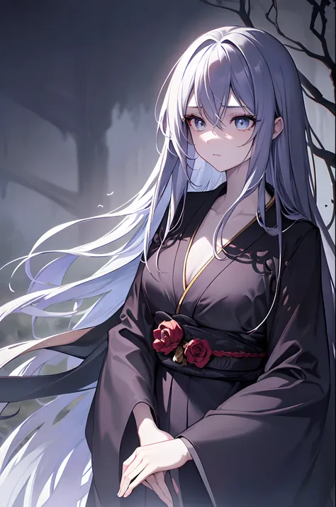 ANIME:girl standing in a dark forest,benevolent,beautiful detailed face,flowing long hair,dressed in a black kimono with intricate patterns,holding a shining scythe,backlit by an ominous moonlight,dramatic lighting casting shadows on the ground,dark and mo...