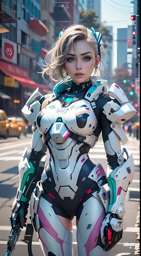 (8k,fotorrealista　Raw photography　calidad superior;1.4) Soldado femenina estilo pistola en el fondo, Chica en Mech Blanco, Cyberpunk anime chica mecha, Wearing sci-fi military armor, Hermosa chica blanca cyborg, Cyborg - Chica de plata, Mech blanco de Fira...