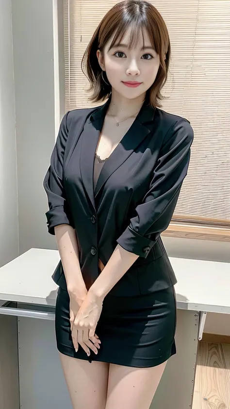 (Best quality, 8k, 32k, Masterpiece, UHD:1.2), from behind, 1 walking girl, beautiy Japanese office lady, glasses, (smile:0.5), (looking at the the viewer), 30 years old, bit chubby, black suit, black mini skirt, office room, desk, (small breasts, buttocks...