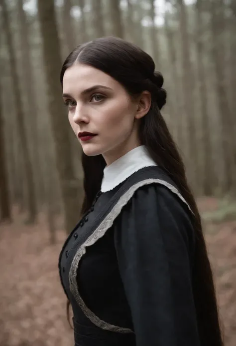 Wednesday addams, mulher em torno de 19 anos, cabelos longos pretos e soltos naturais, olhos negros distintos, vestindo uniforme da escola nunc mais, slender and gracious, Beautiful, luz de velas em um ambiente medieval, Ultra sharp focus, estilo realista,...