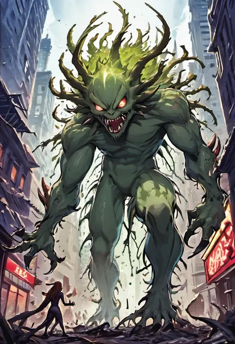 Scary Ent monster, colossal shape, spider-like monster, dryad-like monster, green scale covering the whole body, big leafs and spikes running through the body, sharp claws and fangs, blue eyes, destroying a city, with a ruined city in the background ((conc...