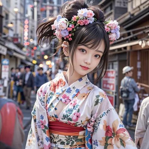 女の子1人、on tokyo street、A city scape、The upper part of the body、wearing Japanese kimono、Piercing with a kanzashi with hair up、a closeup、A smile、、(8K、Raw photography、top-quality、​masterpiece:1.2)、(realisitic、photoRealstic:1.37)、Highly detailed eyelash drawing...