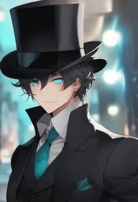 1boy, solo, kurofuku, necktie, male focus, black suit, upper body, black pants,inky body,cyan eye,grin, wearing a top hat, mystery being