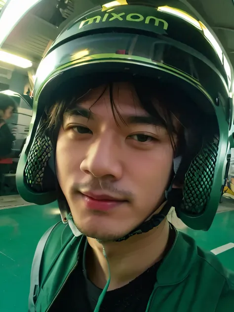 anime, man, mature male, young face, anime boy, anime, male, anime figure wearing a black helmet on a street, wearing green shirt, wearing helmet, black helmet, durable helmet, wearing a round helmet, wearing a helmet, without helmet, wearing skating helme...