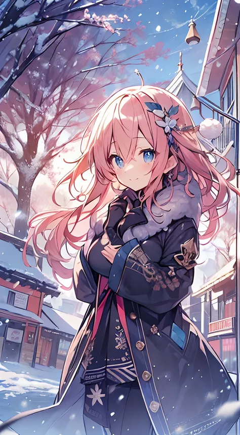 masutepiece, Best Quality,Illustration, Wallpaper, ultra -detail, Absurd beauty, 1beautiful girl、Bright hair color、Glitter and big eyes、Hair fluttering in the wind、ample breasts、♡、Smaller head、Winter scene、miscievous smile、bustup