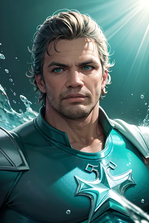 [Aquaman Brasileiro], [digital illustation], [Estilo Heroico], [Carlos ArteHeroica], [ArtStation], [High definition to highlight the connection to the ocean], [Vibrant and aquatic colors], [Underwater lighting], [Lente de close-up para mostrar detalhes do ...