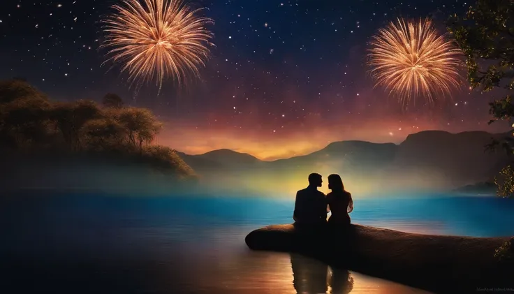 A young couple sits holding hands under the dazzling fireworks that bloom in the night sky. Seus rostos, illuminated by the colors of fireworks, are engraved with deep love and gratitude. As the last fireworks bloom in the sky and its light slowly fades, h...