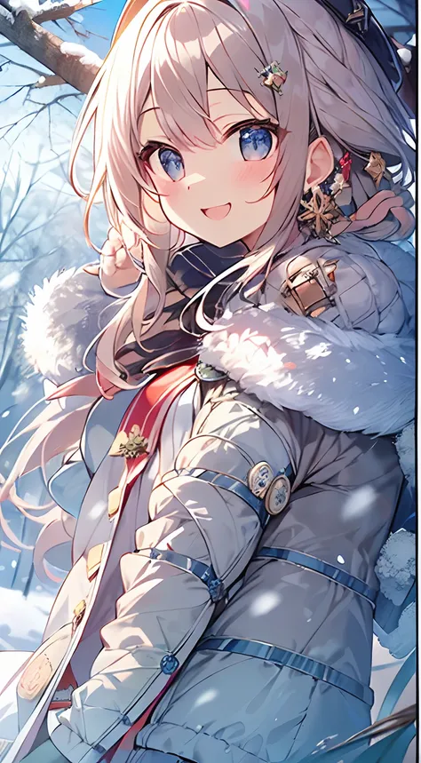 masutepiece, Best Quality,Illustration, Wallpaper, ultra -detail, Absurd beauty, 1beautiful girl、Bright hair color、Glitter and big eyes、Hair fluttering in the wind、ample breasts、♡、Smaller head、Winter scene、miscievous smile、bustup