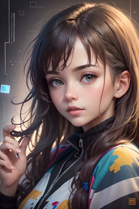 (1girl) detailed painting, colorful background, vibrant colors, (best quality,highres), (realistic), portraits, studio lighting, bokeh, (brightness:1.2), (contrast:1.1), (vivid colors), (HDR), (puzzle game), (curiosity), (mysterious), (intellectual), (chal...