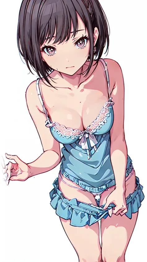 (Light blue camisole　Pull up the skirt to show white string panties　The bra is visible　Gravure Pose　Very detailed down to the smallest detail　clear outlines　Beautiful face　Beautiful skin)  thin-waist　A slender　ribbed　skinny limbs　teats　cleavage of the brea...