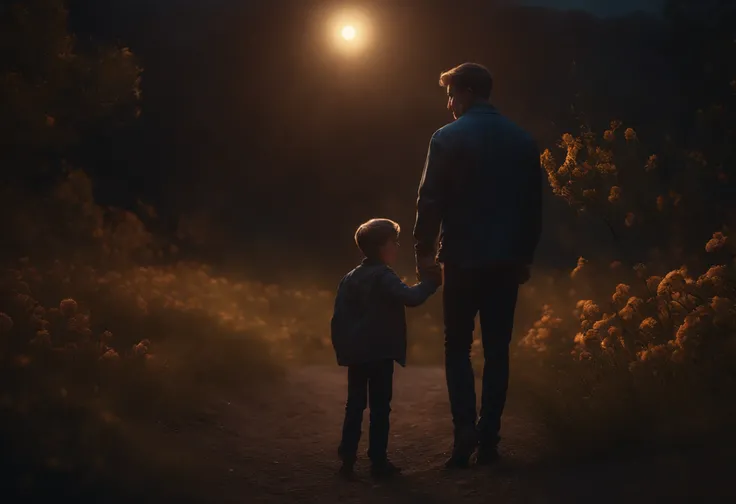 21 Year Old Boy With a Broken Heart in hand AND 5 YEAR OLD SON PLAYING, NIGHTTIME, FLOWERS, NATURE, MOONLIGHT, REALISTIC, 8K, resolution concept art portrait by CAUCASIAN, REALISTIC, detailed matte painting, deep color, fantastical, intricate detail, splas...