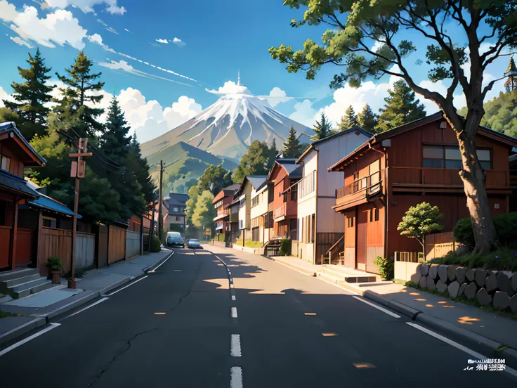 (Japanese town Landscape), (Hayao Miyazaki Style), cartoon, japanese townhouse, road, bend, small house, tree, pole, white cloud, landscape, outdoor, green trees, epic composition, realistic lighting, high-definition detail, masterpiece, the best quality, ...