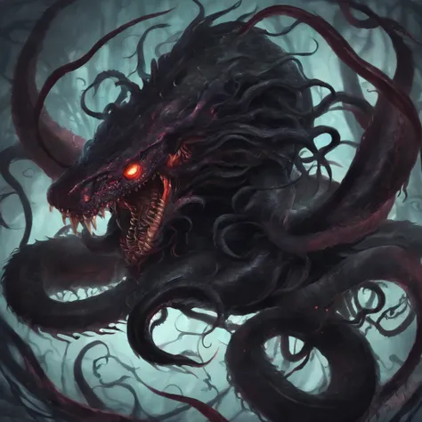 Ink monster, humanoid, surrounded by black tentacles,anime artstyle, grin,sharp teeth