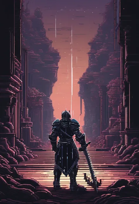 knight, wearing black armor made of technological and magical elements, looking at a devastated and melancholic passage, 4k HD, night