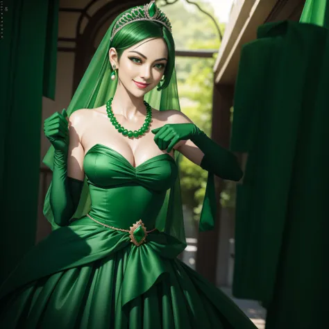 emerald tiara, Green Pearl Necklace, Boyish very short green hair, lipsticks, Japan woman smiling, very short short hair, big breasts beautiful, Green eyes, Long green gloves made of satin material, Green eyes, Emerald Earrings, Green dress