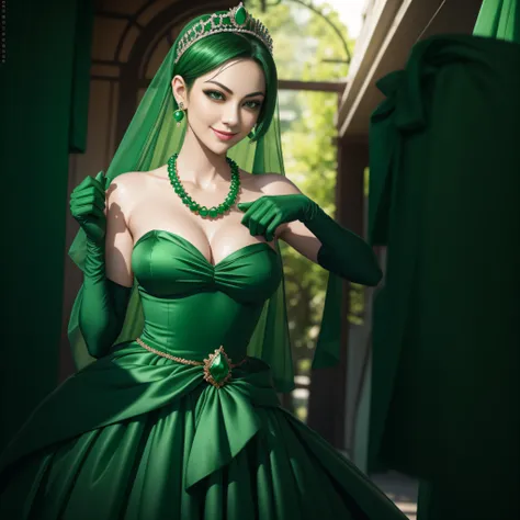 emerald tiara, Green Pearl Necklace, Boyish very short green hair, lipsticks, Japan woman smiling, very short short hair, big breasts beautiful, Green eyes, Long green gloves made of satin material, Green eyes, Emerald Earrings, Green dress