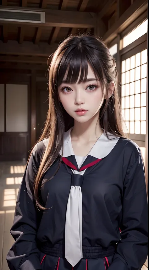 ((unparalleled masterpiece ever、best qualtiy、erfect artwork))、(realisitic, Photorealsitic:1.37)、1girl in、17 age、japanes、cute little、((JK Uniform、serafuku))、((full body seen))、long lashes、heavy eye makeup、Dark eyeshadow、Korean Makeup、Shibuya、randome pose、Ra...