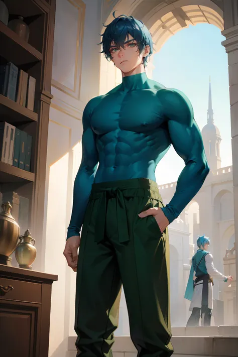 Male. green eyes. Big pecs. Tousled short light blue hair. Masculine frontal posture. Confident expression. Strong jawline. Wears a tight sweater and baggy pants with medieval pattenrs. Standing upright on middle of a palace.