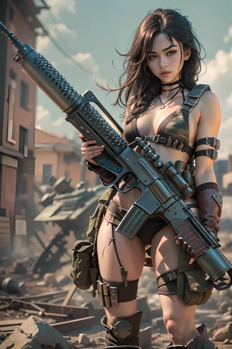 motor irreal:1.4,CG ultra realista 64K, fotorrealista:1.4, textura de la piel:1.4, top 1girl wearing bikini ,gatling gun, shell casing, looking at viewer, bangs, ammunition belt, gloves,saggy breasts,firing,In the picture, a beautiful girl wearing bikini w...