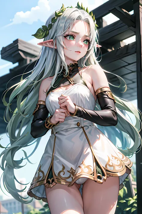 The elf stands and looks at the camera, A girl stands at a fair, green eyes and white hair, The wind lifts the skirt, You can see the underpants, blue skies, Beautiful clear blue sky, green hairpins in the hair, skinny waist, Slender figure, Appearance of ...