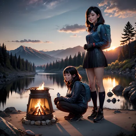 1 woman, black hair, skirt, cold blouse ((full body, crouching, smiling, happy)), masterpiece, best quality, perfect eyes, perfect hands, perfect legs, ultra-detailed, solo, outdoor, (sunset), mountains, nature, (stars, cloud) cheerful, happy, backpack, sl...