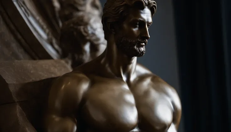 a closeup of a statue of a man with a short beard, a dark marble sculpture of young man with muscles, classical realism, macho, dark marble sculpture, Chiaroscuro