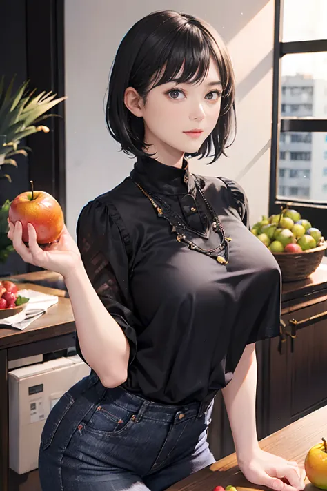 (black shorthair:1.3),  (a 20 yo woman), (a hyper-realistic), (masutepiece), (8kuhd), looking at the camera, jeans, (clothes wit...