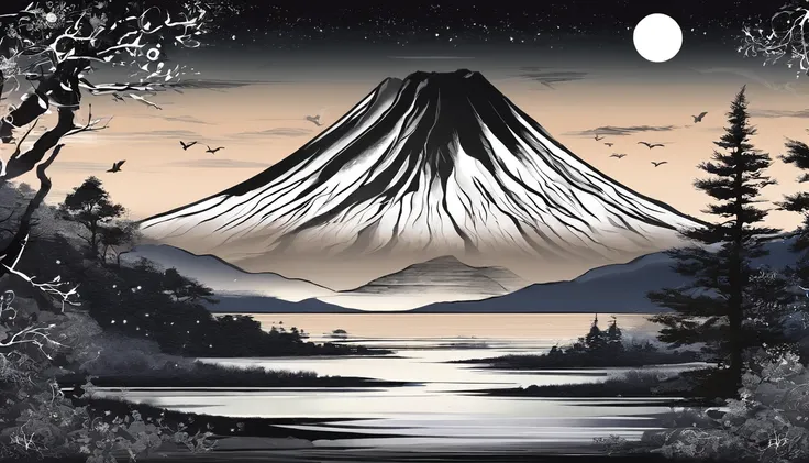 New Years card、Mt fuji、morning glow、grand、Dynamic landscapes、New Year’s Day、1 moon、a picture、realisitic