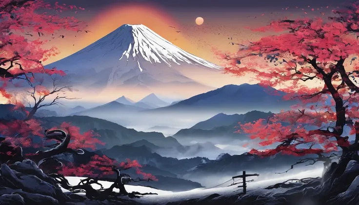 New Years card、Mt fuji、morning glow、grand、Dynamic landscapes、New Year’s Day、1 moon、a picture、realisitic