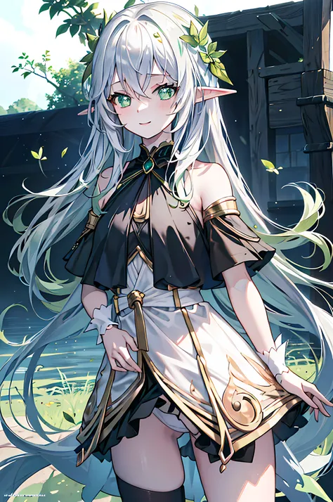 The elf stands and looks at the camera, A girl stands at a fair, green eyes and white hair, The wind lifts the skirt, You can see the underpants, blue skies, Beautiful clear blue sky, green hairpins in the hair, skinny waist, Slender figure, Appearance of ...