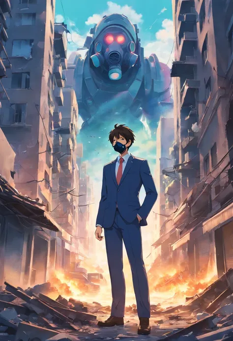 Man in suit and gas mask in a destroyed city