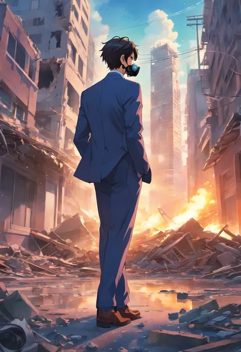 Man in suit and gas mask in a destroyed city