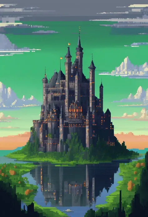 gigantic castle style anorlondor, Black color with dark gray details, prismatic windows, at dusk, floating castle, over an immense green valley with a beautiful river, 4k HD, high definition.