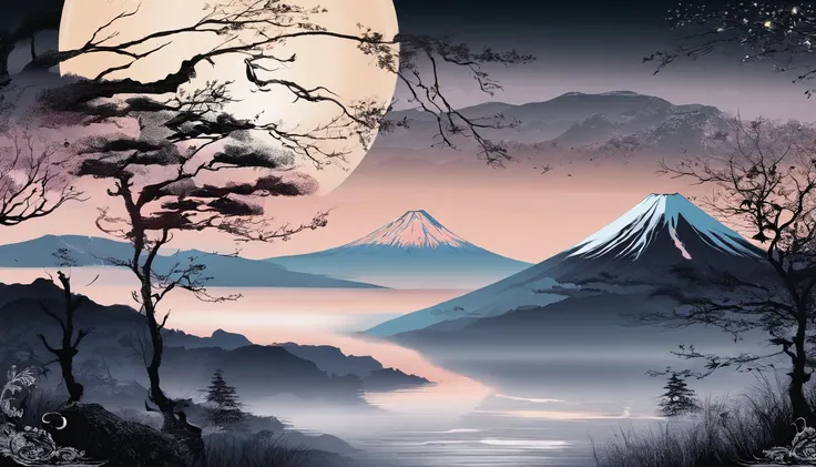 New Years card、Mt fuji、morning glow、grand、Dynamic landscapes、New Year’s Day、1 moon、a picture、realisitic