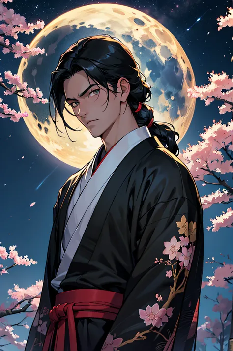 (masterpiece), best quality, ultra-high resolution, ((one man)), male, elegant, japanese God, Tsukuyomi, expressive eyes, perfect face, half body, looking at viewer, dutch angle, cowboy shot, (long black hair), (golden eye color), handsome, night time, cre...