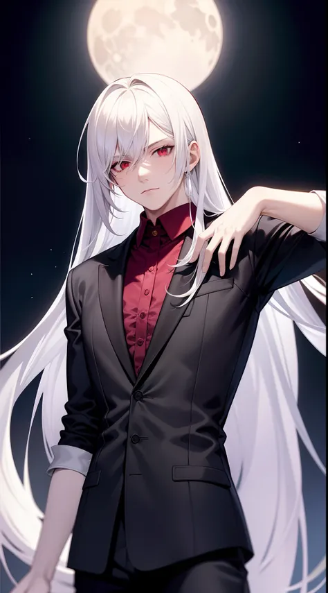 With a graceful stance, a male vampire poses for his portrait. His anime-style appearance is enhanced by his long, white hair and striking red eyes. He wears a tailored suit, adding a touch of sophistication to his pale white skin. The full moon shines bri...