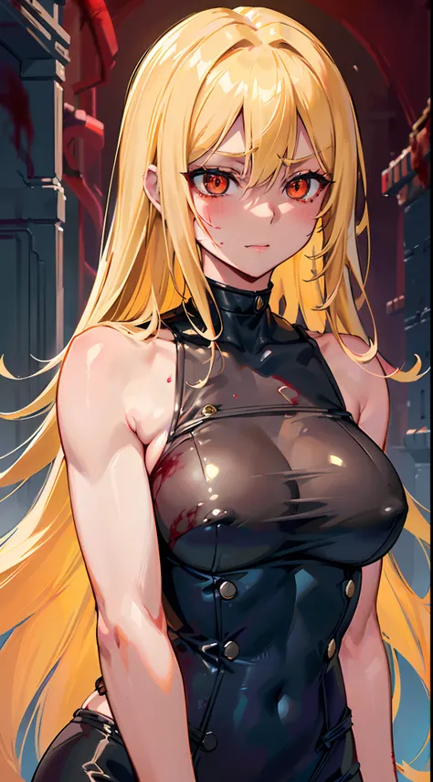 Leone, (medium breasts),  ((((healthy skin)))),  standing, ((elegant clothes)), best quality,  upper body, anime, ((murderer)),  (((blood, upper body))), cinematic lighting, ((happy)),  red eyes,  glowing eyes,  sleeveless,  bare_shoulders,  yellow hair,  ...