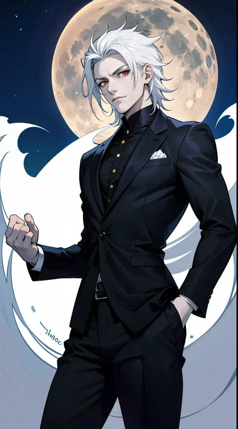 with a graceful stance, a male vampire poses for his portrait. his anime-style appearance is enhanced by his long, white hair an...