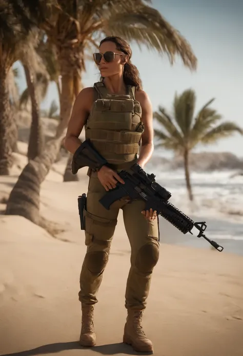 Generate detailed images of the character Mara, 「Marades Dealer」Also known as, Do Jogo Call of Duty: Modern warfare. Describe its appearance, full bodyesbian, Cruel physiognomy, fullnude、fullnude、 in beach, evening sun, Palm trees, Sculptural body, Flowing...